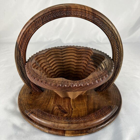 Unbranded Other - Vintage Collapsible Folding Wood Basket and Trivet Hand Carved Flower Design